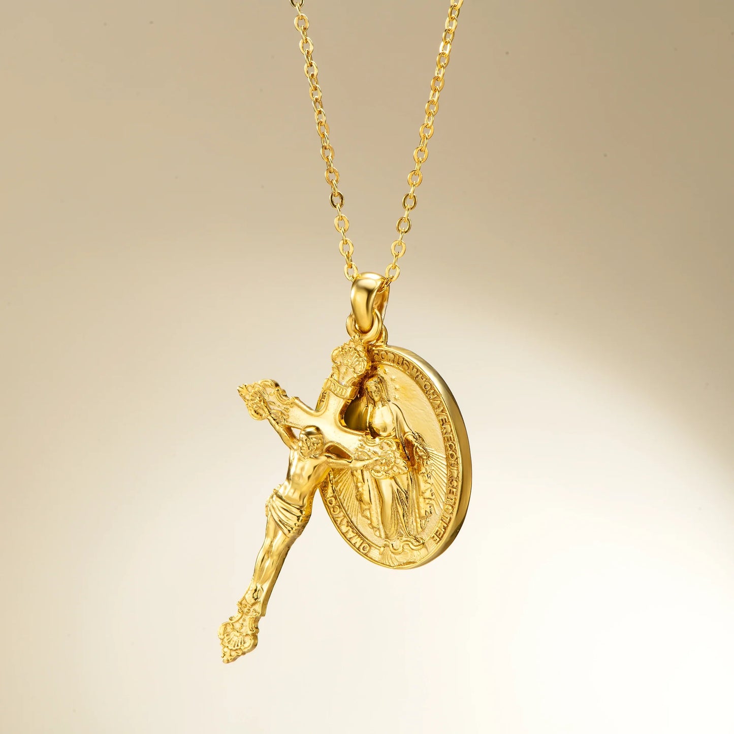 Catholight Miraculous Medal and Crucifix Necklace in Gold Vermeil