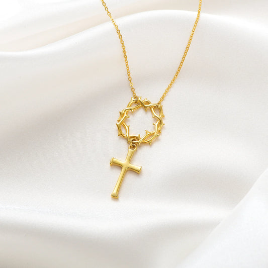Catholight Crown of Thorns Cross Necklace in 18K Gold Vermeil/ Sterling Silver