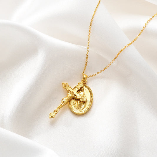 Catholight Miraculous Medal and Crucifix Necklace in Gold Vermeil
