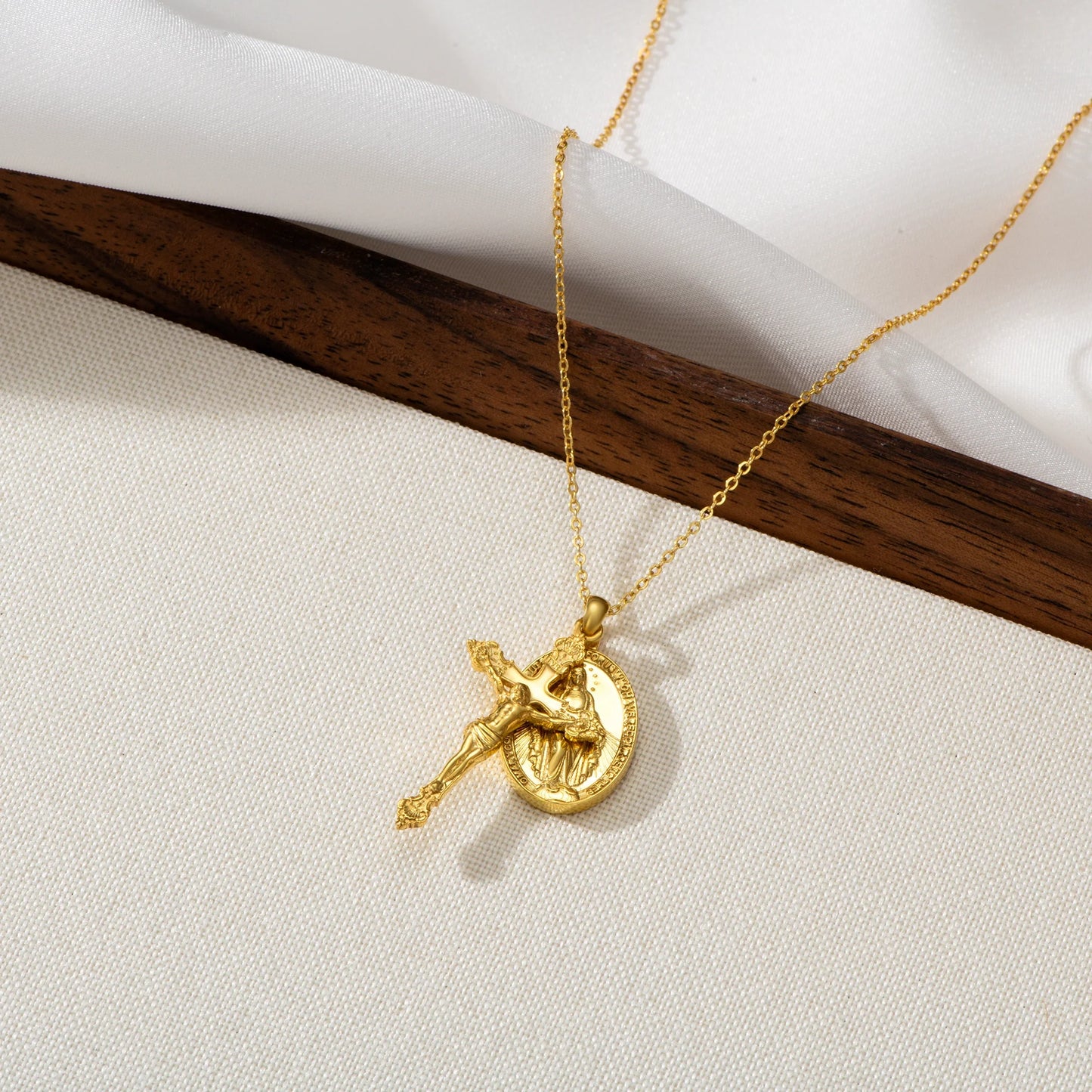 Catholight Miraculous Medal and Crucifix Necklace in Gold Vermeil