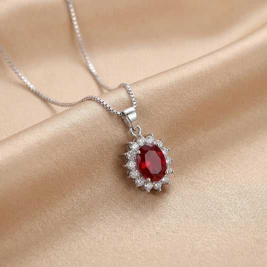 Classic Ruby Halo Necklace | White Gold